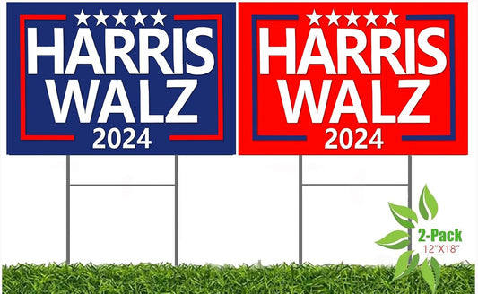 (2-Pack) Blue & Red Harris Walz 2024 Yard Signs - Double-Sided, 12X18 Inches with Metal H-Stakes