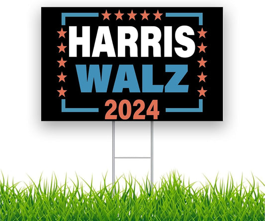 Kamala Harris & Tim Walz 2024 Yard Sign Double Sided with H-Metal Stake - 18" x 12" Size