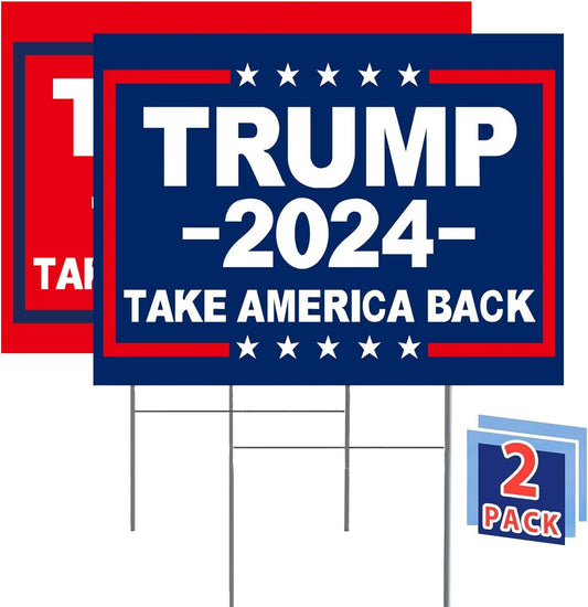 (2-Pack) Trump 2024 Yard Signs 18" X 12" Double-Sided "Take America Back" w/  H-Shaped Metal Stakes