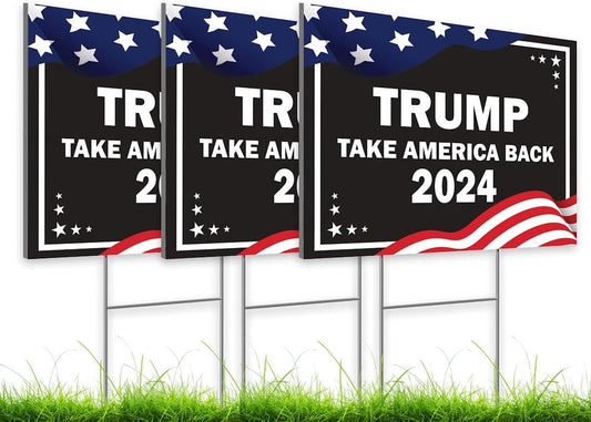 (Pack of 3) Trump Yard Signs for 2024 Presidential Election - 12" X 16" Double Sided "Trump Take America Back 2024" w/ H-Stakes