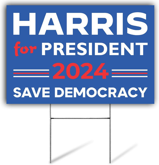 Kamala Harris 2024 Yard Sign Blue "Harris for President 2024 Save Democracy" w/ Includes H Stake & Double Sided (2 Sizes)