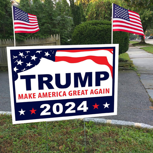 Donald Trump 2024 Yard Sign "Make America Great Again" 18" X 24" with Metal H-Stakes +  2 Mini American Flags