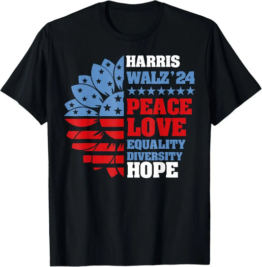 Harris Walz T-Shirt 2024 Peace Love Equality Diversity Hope Pride Waltz Kamala Election.