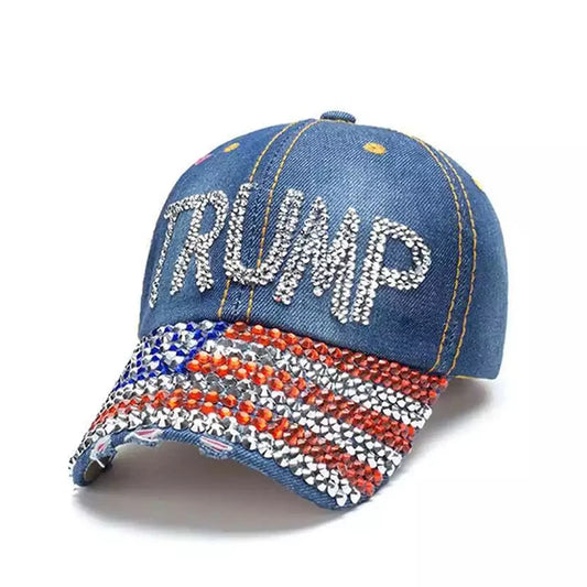 Donald Trump Patriotic 2024 Hat Presidential Election Day Denim Rhinestone Flag USA Baseball Cap