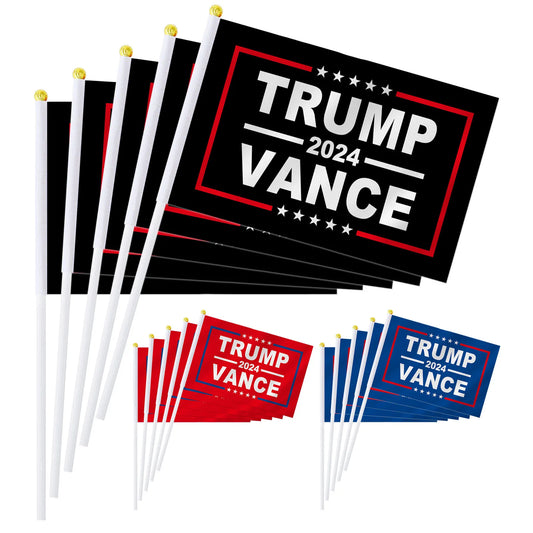 Handheld Trump Vance 2024 Flags, 100 Pcs, 5.5 x 8.3 in. Mini Hand Flags, Black Red Blue Presidential Elections Handheld Small Flags