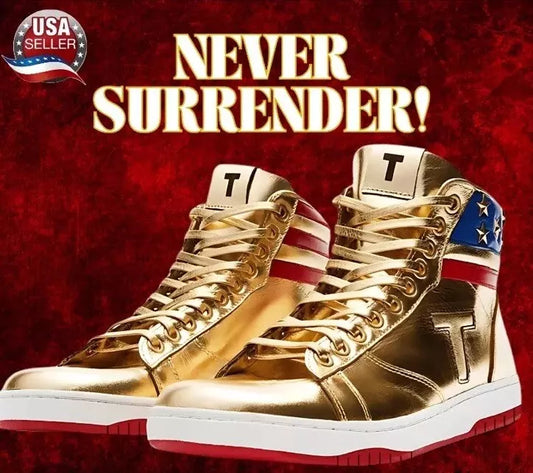 Donald Trump Gold Shoes MAGA 2024 Never Surrender High Tops Sneakers w/ Box