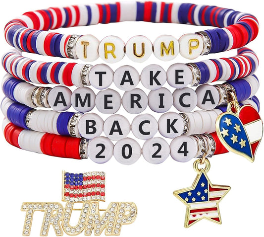 2024 Trump Bracelet Trump "Take America Back 2024" Bracelets, Red,White,Blue w/ Hanging Pendants and USA Flag Button Pin