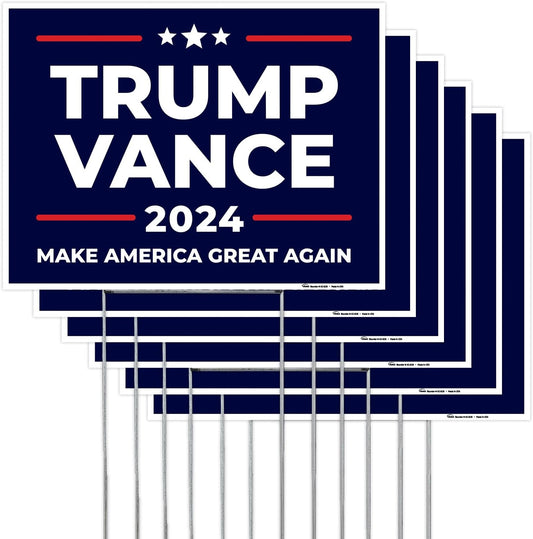 (1, 3, 6 Pack) Trump Vance 2024 "Make America Great Again" Yard Signs, 12X18 & 18X24 Double Sided with Metal H-Stake 