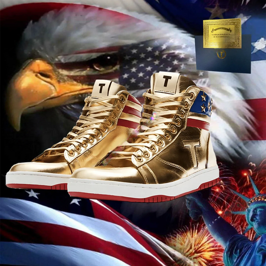 Trump Sneakers 2024 Never Surrender Style High Tops Shoes MAGA Sneakers - Gold or Silver w/ Gift Box