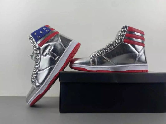 Silver Donald Trump Sneakers Shoes MAGA 2024 Never Surrender High Tops w/ Box